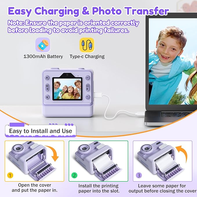 Instant Camera, Instant Print Camera for Kids with 1080P Videos, Front Rear Dual Selfie, 3 Rolls Print Paper & 32GB SD Cards, Christmas Birthday Gifts for Girls Age 3-12-CubbioJoy