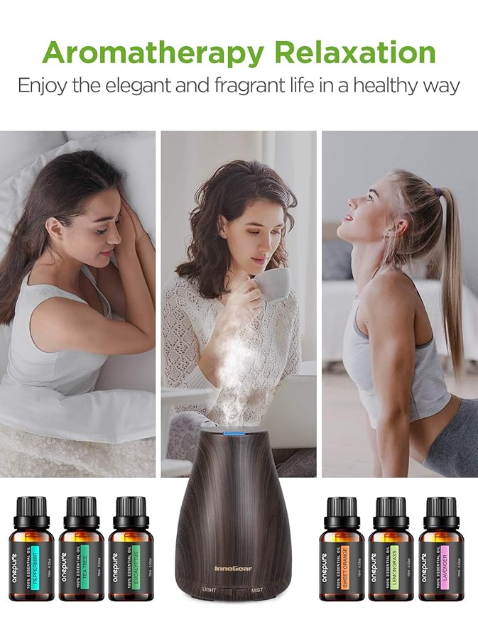 InnoGear Essential Oil Diffuser with Oils, 100ml Aromatherapy Diffuser with 6 Essential Oils Set, Aroma Cool Mist Humidifier Gift Set, Dark Wood Grain-CubbioJoy