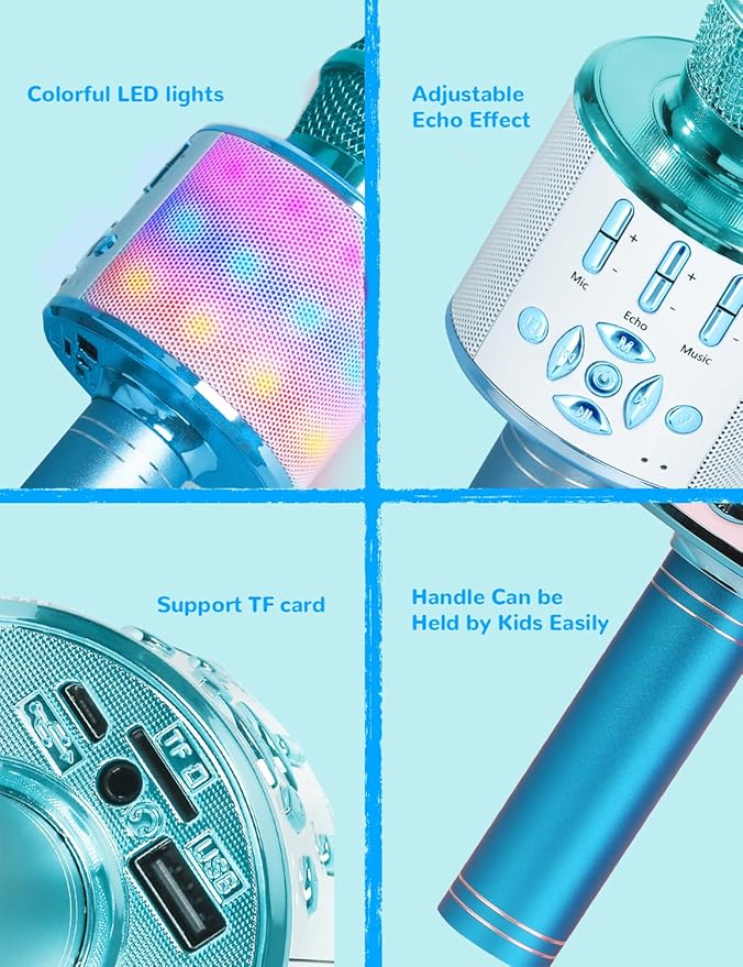Amazmic Kids Karaoke Microphone Machine Toys for Girls Bluetooth Microphone with LED Light, Birthday Gift for Girls Boys 3 4 5 6 7 8 9 10 11 12 Year Old Kids Toys(Blue)-CubbioJoy