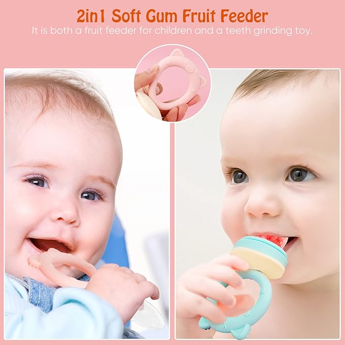 Baby Solids/Frozen Fruit Feeder Pacifier, Infant Teether Toy 4M+, BPA-Free Silicone Pouch & Nipple, Safely Introduce Solids, Teething Relief, 2-Pack (Pig Lulu - Blue Pink, S/M/L)-CubbioJoy