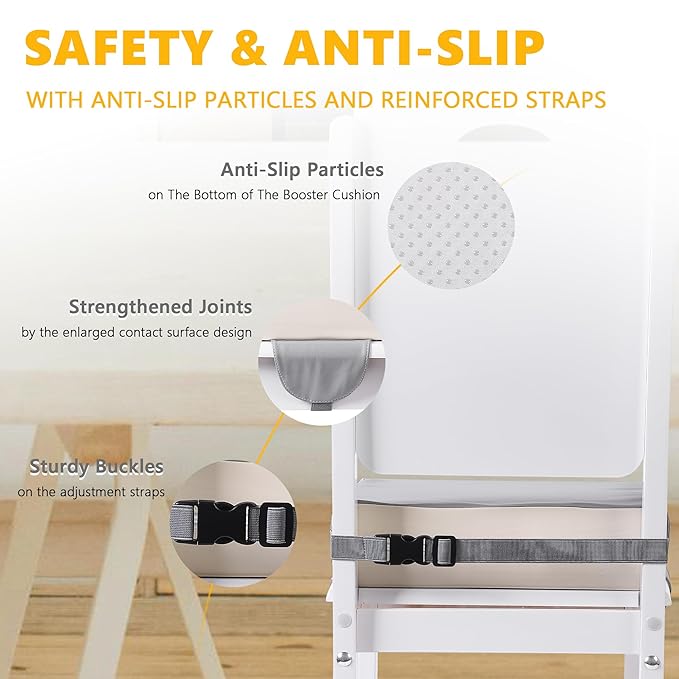 Booster Seat for Kitchen Chair with Adjustable Straps, Toddler Booster Seats for Dining Table Portable for Travel Camping Eating, Booster Cushion for Table for Baby Child Infant Kid Boy Girl-CubbioJoy