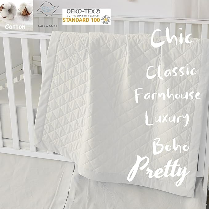 Brandream White Crib Bedding Set 3 Pieces Baby Nursery Collection - Quilt,Crib Sheet,Dust Ruffle-100% Washed Cotton Like Linen Supersoft Classic Quilted Plaid Off White Cream-CubbioJoy