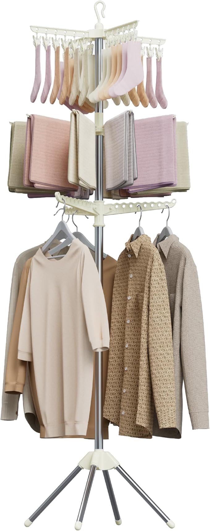 Clothes Drying Rack Foldable, 79.5 inch 3 Tier Laundry Drying Rack with Rotating Clothes Rail for 27 Pieces of Clothes and 24 Clips for Hanging Socks,Space Saving, White and Silver CDR003W01-CubbioJoy