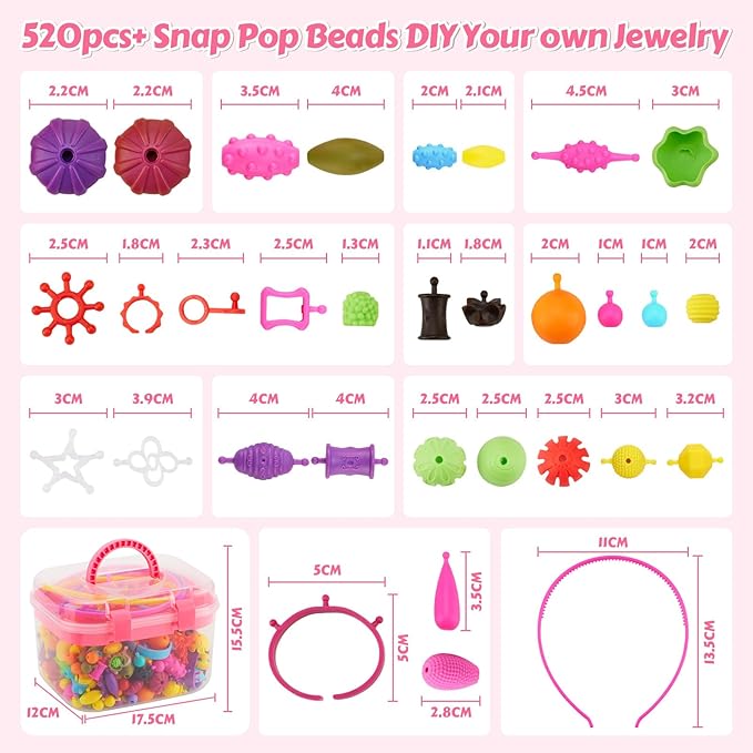 Arthopt Pop Beads, Jewelry Making Kit for 3 4 5 6 7 8 Years Old Girls, Arts and Crafts for Kids,Large Snap Beads DIY Necklace Bracelets Ring Set, Birthday Party Holiday Gift-CubbioJoy
