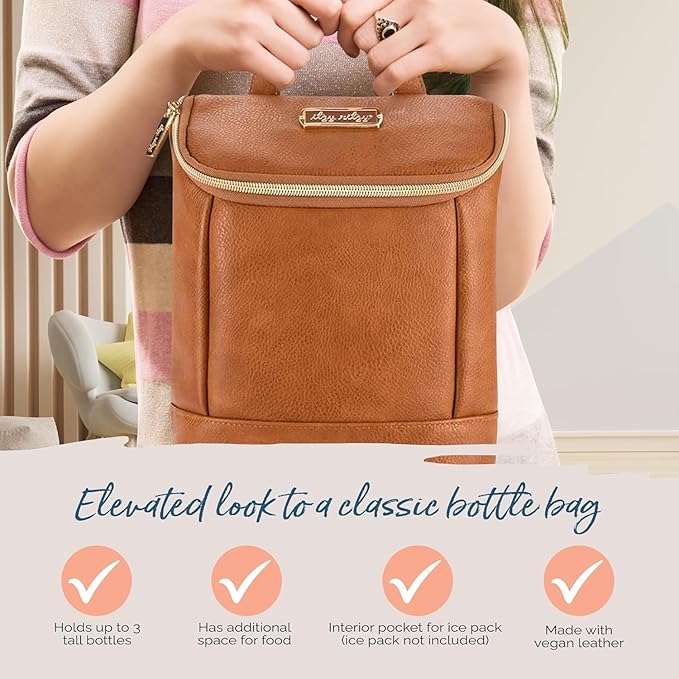 Itzy Ritzy Insulated Bottle Bag – Keeps Bottles Warm or Cool - Holds 3 Bottles & Features Interior Pocket for Ice Pack (Not Included), Cognac-CubbioJoy