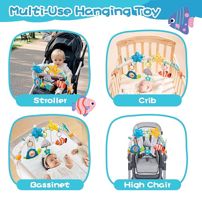 Jollybaby Musical Bassinet Stroller Crib Mobile Toy for Baby 0-6-12 Months, Infant Clip On Arch Hanging Toy with Music, Montessori Sensory Nursery Mobiles Attachment Toy for Newborn Gift - Starfish-CubbioJoy
