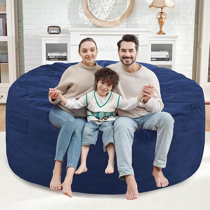 5FT Bean Bag Chair, Large Bean Bag Chairs with Memory Foam Filled, Fluffy Beanbag Sofa with Dutch Velvet Cover, Round BeanBag Chairs for Living Room, Playroom - Blue-CubbioJoy