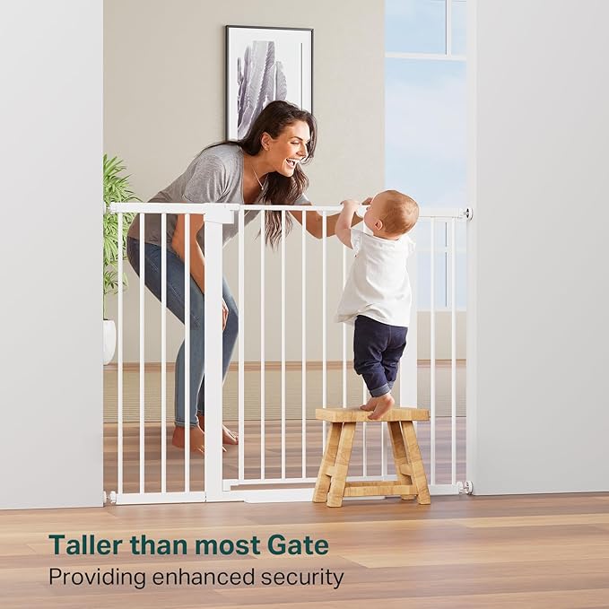 Cumbor 36" Extra Tall Baby Gate for Stairs, 29.7-48" Wide Dog Gates for Doorways, Auto Close Safety Gate for Babies and Pets, Easy Install, Pressure Mounted, Fits Doorways, Stairs, Entryways, White-CubbioJoy
