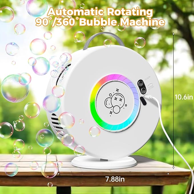 Bubble Machine Automatic LED Lights Bubble Blower for Kids Rechargeable Portable Bubble Maker Auto Rotating 90°/360° Outdoor Birthday Party Wedding (Led White)-CubbioJoy