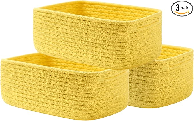 KALLAX Small Woven Basket, 12 x 8 x 4.5 Inches, Storage Basket for Organizing, Cute Small Rope Shelf Closet Cube Storage Bins Baskets for Shelves, Dog Toy Gift Baskets Empty, 3 Pack Yellow-CubbioJoy