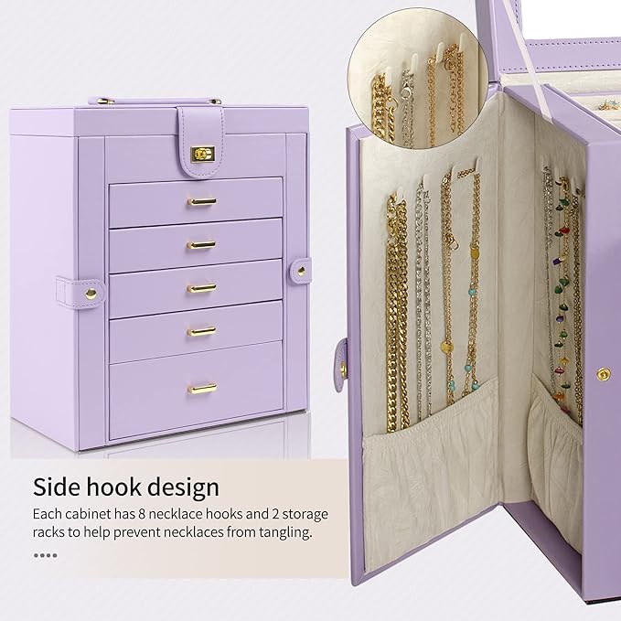 AKOZLIN Large Jewelry Box Organizer Functional Lockable with Big Mirror, Leather Jewelry Storage Case for Women Girls Ring Necklace Earring Bracelet Holder Organizer Violet-CubbioJoy