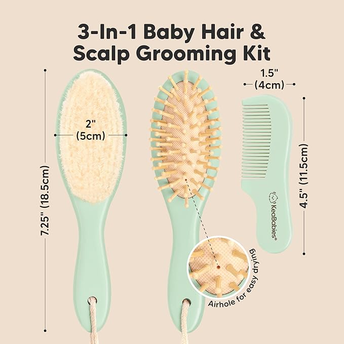 Baby Hair Brush and Comb Set for Newborn - Wooden Baby Hair Brush Set with Soft Goat Bristle, Baby Brush Set for Newborns, Baby Brush and Comb Set Girl, Boy, Toddler Cradle Cap Brush (Oval, Sage)-CubbioJoy