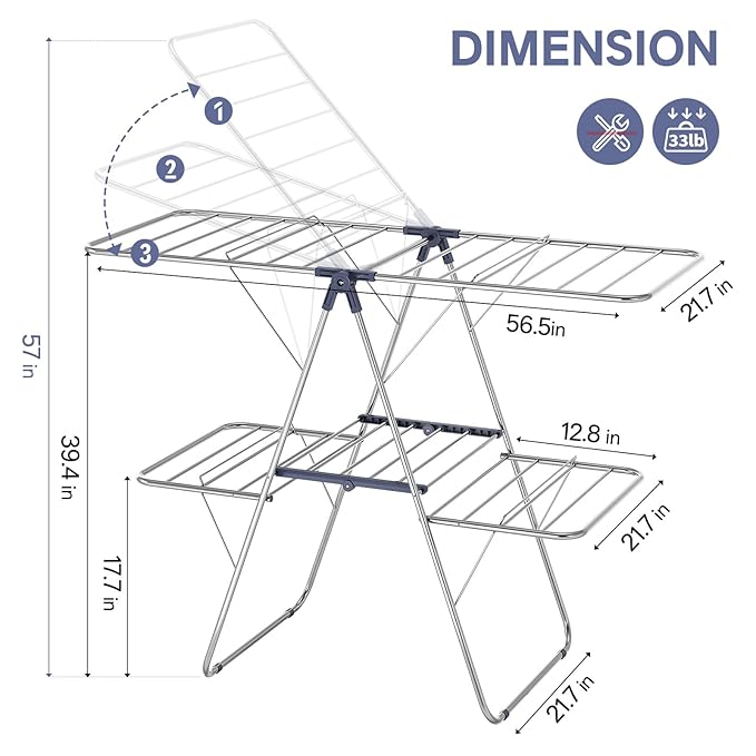 APEXCHASER Clothes Drying Rack with 4 Wings, Stainless Steel Drying Rack Clothing with Height-Adjustable, Foldable Gullwings Laundry Drying Rack, Indoor Outdoor Use, No Assembly, Blue-CubbioJoy