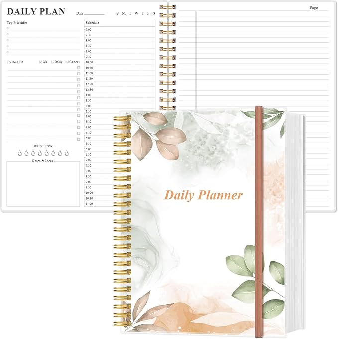 Daily Planner Undated - 8.5" x 11" To Do List Notebook Hourly Schedules, 150 Sheets/300 Pages Spiral Appointment Planner for Women and Men,PVC Hardcover, Inner Pocket, Elastic Closure, Rose Leaf-CubbioJoy