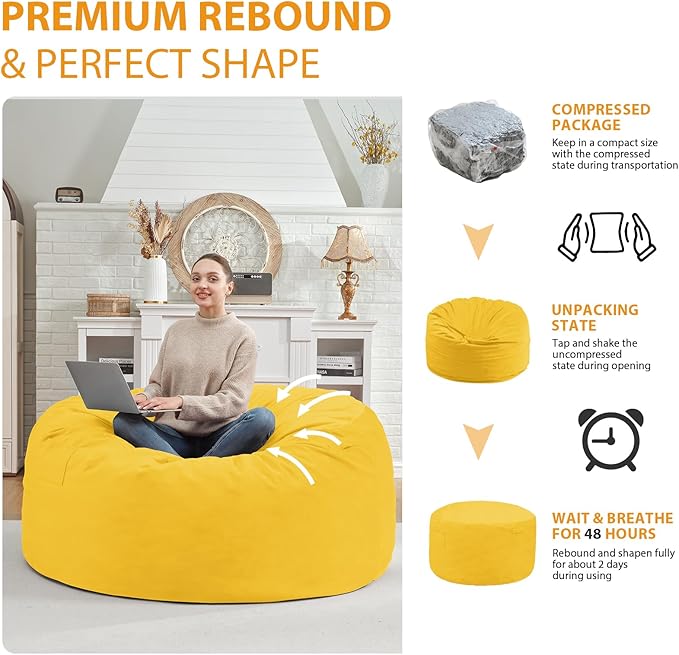 4FT Bean Bag Chair, Large Bean Bag Chairs with Memory Foam Filled, Fluffy Beanbag Sofa with Dutch Velvet Cover, Round BeanBag Chairs for Living Room, Playroom - Lemon-CubbioJoy