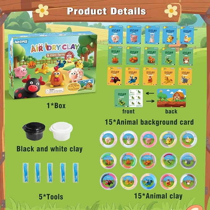 BEIREG Air Dry Clay Farm Adventure Kit for Kids - 15 DIY Farm Animals & Vegetables with Tutorials, Ultra Soft Modeling Magic Clay, Safe Non-Toxic STEM Educational Craft Gift for Boys & Girls Ages 3-12-CubbioJoy