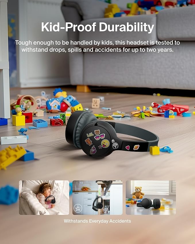 Belkin SoundForm Mini Kids Wireless Headphones w/Built-in Microphone, 30H of Playback Time, Fun Stickers, & Case - Over-Ear Headsets for Online Learning, School, iPhone, iPad, Galaxy, & More - Black-CubbioJoy