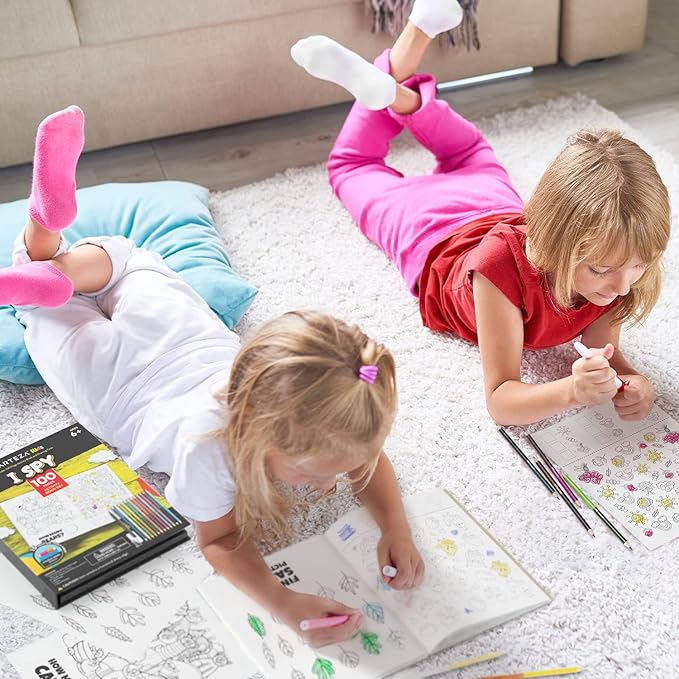 Arteza Kids Activity Book, I Spy Coloring Book, 8.5 x 11 Inches, School Supplies for Ages 6 and Up, 50 Sheets, 12 Double-Ended Colored Pencils, Black Marker, Eraser, Pencil Sharpener-CubbioJoy