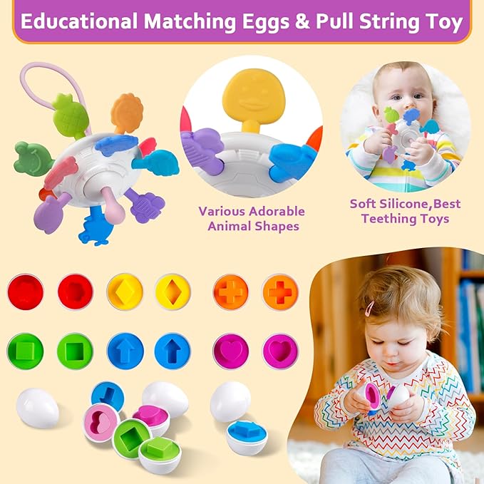 Baby Toys for 6 to 12 Months, Montessori Sensory Bins & Teething Toys, 6 in 1 Stacking Blocks, Rings, Eggs, Spinner, Crab Shape, 27 Pieces, Ages 6-36 Months-CubbioJoy