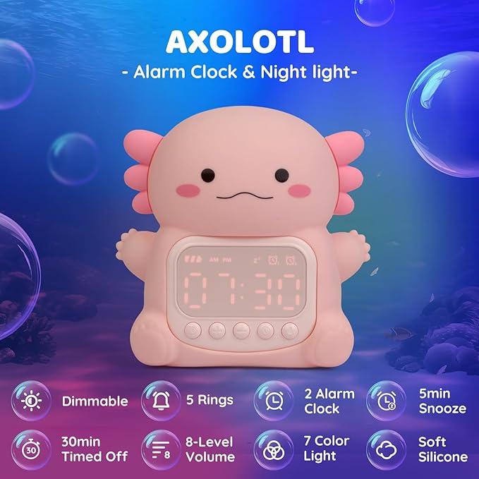 Axolotl Alarm Clock with Night Light for Kids, Rechargeable Silicone Lamp Time to Wake Clock，Cute Animal Tabletop Lamp, Perfect Sleep Companion for Boys Girls-CubbioJoy