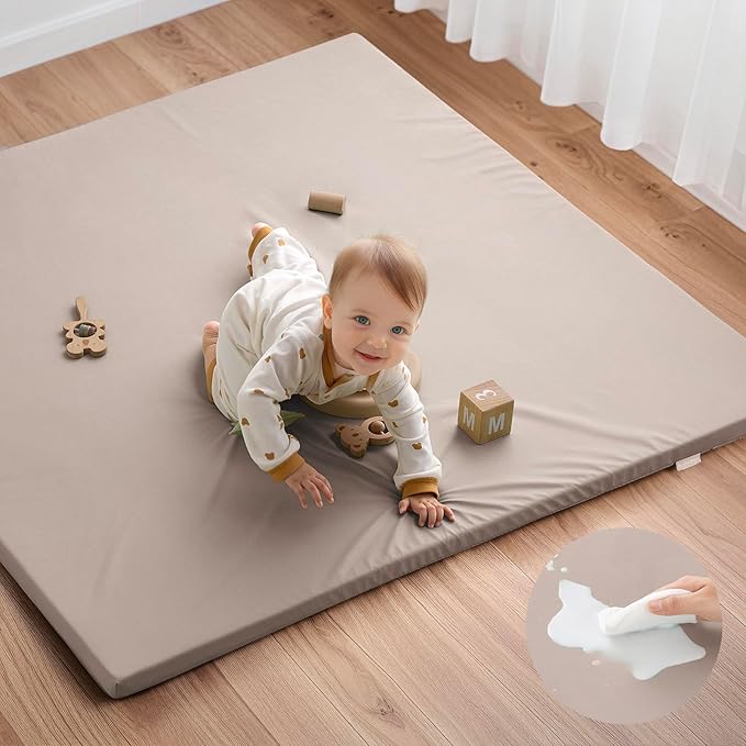 Blissful Diary Vegan Leather Baby Play Mat, 50x50 Thicken Foam Cushioned & Waterproof Playpen Mat for Infants and Toddlers, Stylish and Just Wipe-Clean Playmat for Baby Play on Floor, Taupe-CubbioJoy