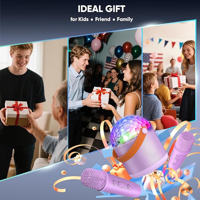 Karaoke Machine with Disco LED Lights for Adults Kids, Portable Bluetooth Speaker with 2 Wireless Microphone, Gifts Toys for 3-12+ Kids Birthday Family Home Party-CubbioJoy