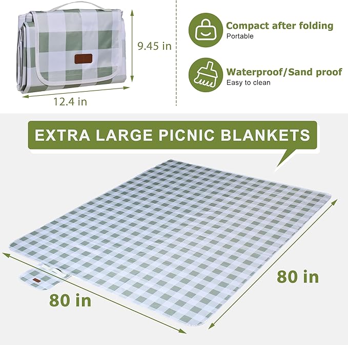 80"x80" Extra Large Waterproof Outdoor Mat - Sandproof Foldable Picnic Blanket for Family Camping, Backyard, Beach Parties - Heavy Duty & Easy Storage (Green&White)-CubbioJoy