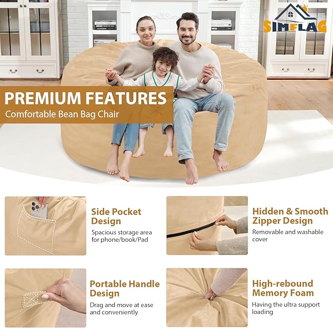 5FT Bean Bag Chair, Large Bean Bag Chairs with Memory Foam Filled, Fluffy Beanbag Sofa with Dutch Velvet Cover, Round BeanBag Chairs for Living Room, Playroom - Khaki-CubbioJoy