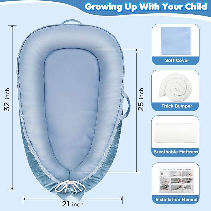 Baby Lounger - Baby Lounger for Newborn 0-24 Months, Breathable & Soft Cotton and Velvet Cover Baby Nest, Portable Tummy Time Lounger for Home and Travel, Ideal Baby Essentials & Shower Gifts-CubbioJoy