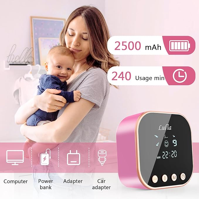 Double Electric Breast Pump Strong Suction, Portable Breast Pump Electric Breastfeeding Pump, Rechargeable Milk Pump with 4 Modes & 9 Levels, Low Noise, Anti-Backflow & LED Display, 24mm Flange, Pink-CubbioJoy