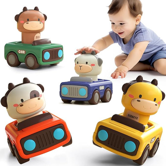 iPlay, iLearn Press to Go Car Toys for Toddlers 1-3, Baby Animal Racing Cars, Infant Play Vehicle Set, Baby Push Go Friction Car Toys for 6-9-12-18 Months, 1st Birthday Gifts for 1-2 Years Old Boys-CubbioJoy