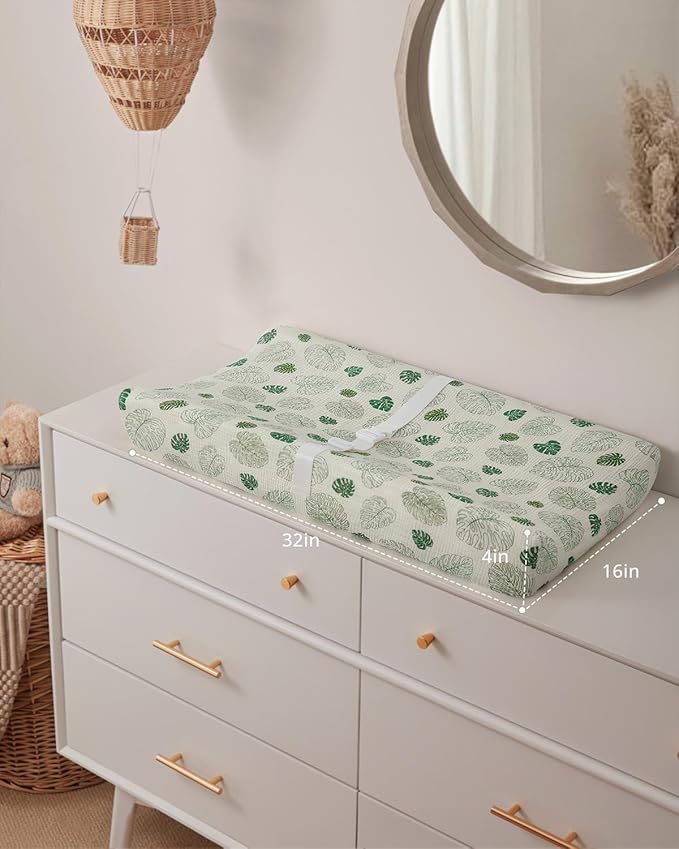 Blissful Diary Muslin Baby Changing Pad with Waterproof Lining Foam, Diaper Changing Table Pad with Cover for Dressers (Monstera, Rectangular)-CubbioJoy