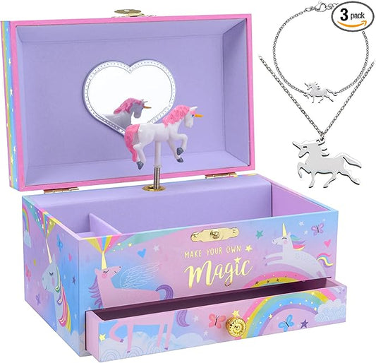 Jewelkeeper Unicorn Musical Jewelry Box for Little Girls - Kids Jewelry Box with Pullout Drawer - Music Jewellery Box with Necklace and Bracelet - Gift Set for Kids - Children's Jewellery Storage Case-CubbioJoy