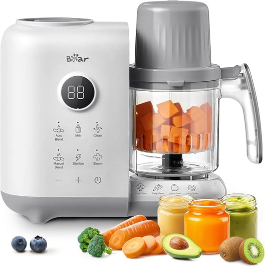 Bear Baby Food Maker with Two Layer Steam Baskets, Multifunction Baby Food Processor Steamer Puree Blender, Baby Food Mill with Bottle Warming Sterili-zing Auto Cleaning Function, BPA-Free, White-CubbioJoy