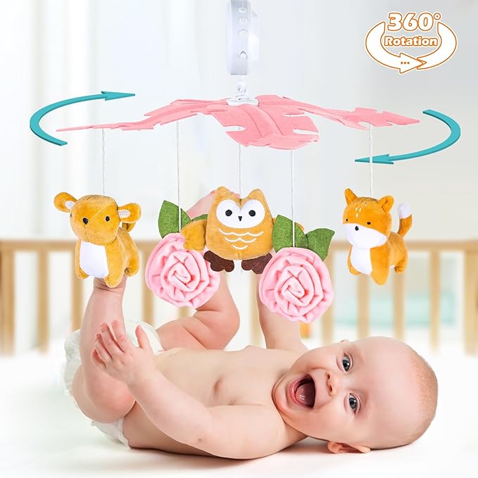 Baby Crib Mobile with Music and Lights, Mobile for Crib with Remote Control, Rotation, Starlight Projection, Crib Toys for Babies Boys Girls(Pink)-CubbioJoy