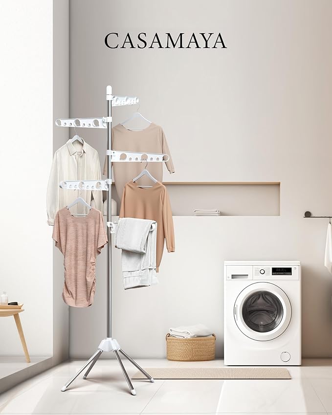 Clothes Drying Rack Foldable, 70.9 inch Tripod Drying Rack for 35 Pieces of Clothes, with Height-Adjustable Rotatable Clothes Rails, Space Saving, Stainless Steel, White and Silver CDR005W01-CubbioJoy