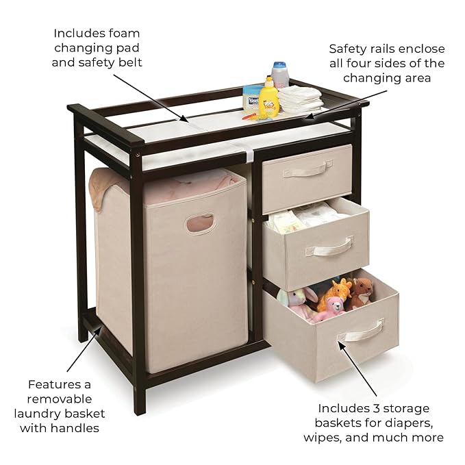 Badger Basket Modern Baby Changing Table with Laundry Hamper, 3 Storage Drawers and Pad, Diaper Change Station - Espresso/Ecru-CubbioJoy