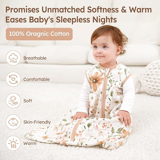 Baby Sleep Sack 18-24 Months 3 Pack 100% Cotton Lightweight 0.5 TOG Wearable Blanket Baby Sleep Bag with 2-Way Zipper for Newborn Infant Orange Flowers & Plaid-CubbioJoy
