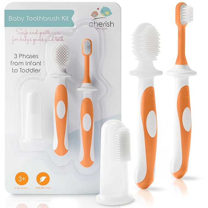 Cherish Baby Care Baby Toothbrush & Toddler Toothbrush Set (0-2 Years) - BPA-Free & Safety-Tested, 2023 Award Winner, Food-Grade Silicone (Orange)-CubbioJoy