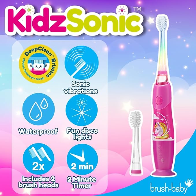 Brush-Baby - KidzSonic Unicorn Kids Electric Toothbrush, Ages 3+ Years - DeepClean Bristles, Suction Base - Fun Design with Flashing Lights - 2 x Replacement Heads & 1 x AAA Battery-CubbioJoy