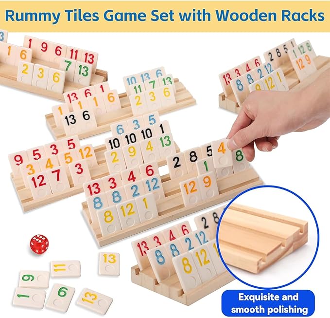 Deluxe Rummy Cube Game Set 6-8 Players with 8 Wooden Racks and 240 Melamine Rummy Tiles, Travel Family Board Game for Adults and Kids-CubbioJoy