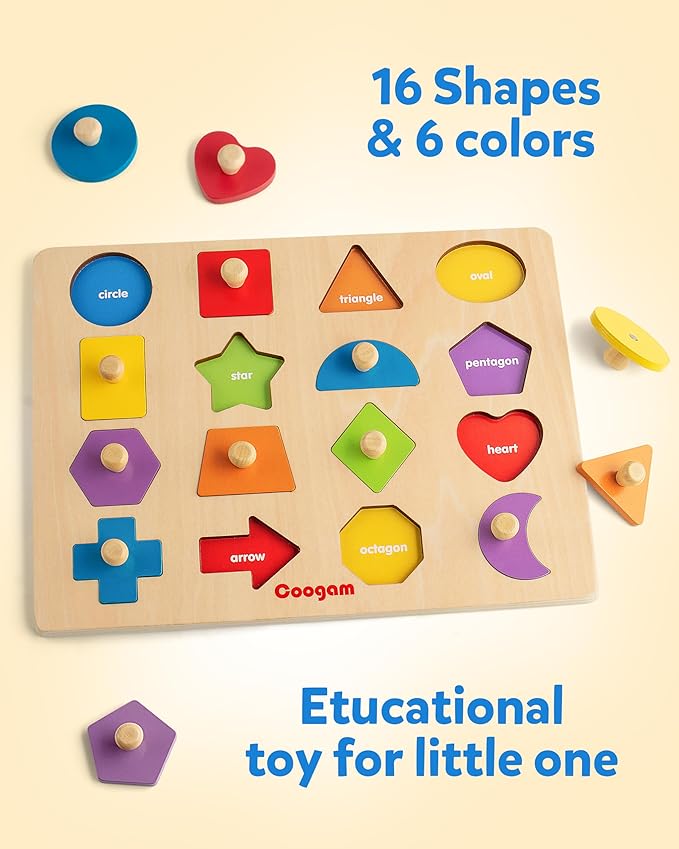 Coogam Montessori Toy Wooden Shape Peg Puzzle, Fine Motor Color Matching Sorting Board, Early Learning Educational Activity Toy Gift for Preschool Toddler Baby 3 4 5 Year Old-CubbioJoy