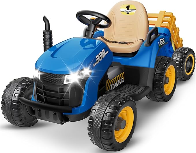 24V Ride On Tractor w/Tiltable & Detachable Trailer, 2x65W Motors, EVA Tires, Remote Control, Bluetooth, Shifter, Music, Electric Car for Kids Ages 2-5, Blue-CubbioJoy