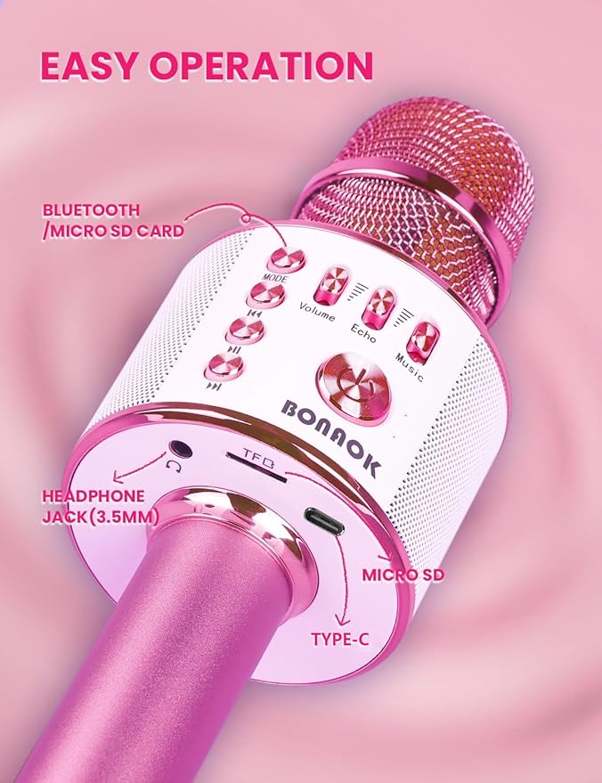 BONAOK Kids Karaoke Microphone, Wireless Bluetooth Microphone for Singing, Gift for Kids, Adults, Girls, Boys, Christmas Kids Toys Gifts for Ages 3, 4, 5, 6, 7, 8+ Years Old (Light Pinkcolor)-CubbioJoy