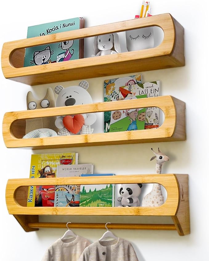 Bamboo Nursery Book Shelves, Fully Assembled For Easy Use - Set of 3 Floating Shelves for Wall Kids, Wall Mounted Book Shelves For Kids Room, Baby Room, Toddler Room, Nursery Decor, 16.5 Inch Natural-CubbioJoy