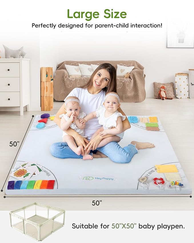 Baby Play Mat, 50''x50'' Playpen Mats with 4 Sensory Development Zones for Motor Skills, Unique Crawling Mats with Non-Slip Cushioned That Fits Nicely into Any Playroom, Grey-CubbioJoy