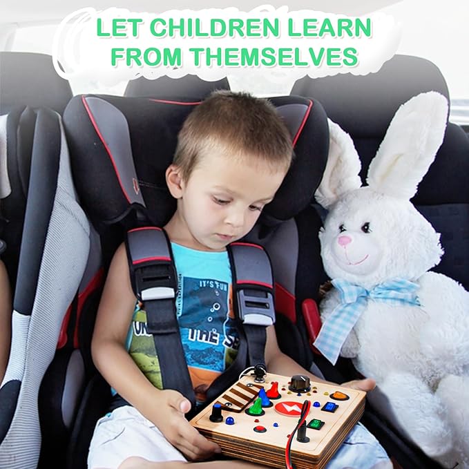 Joyreal Montessori Busy Board Wooden Sensory Toys for Toddler with LED Light Up Switch, Baby Fidget Board Travel Toys for 18+ Months, 1 2 3 Year Old Boys Girls Toddler Toy Gifts (Mixed Lights)-CubbioJoy