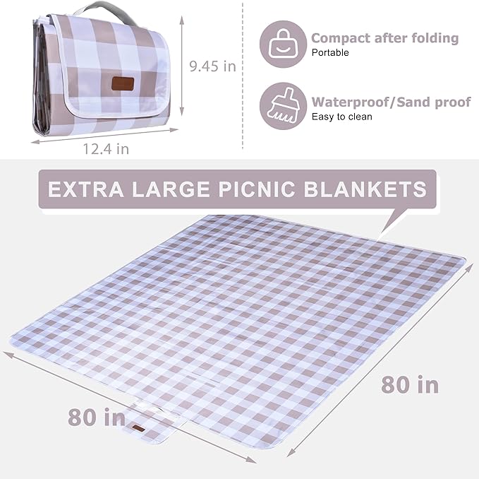 80"x80" Extra Large Waterproof Outdoor Mat - Sandproof Foldable Picnic Blanket for Family Camping, Backyard, Beach Parties - Heavy Duty & Easy Storage (Light Brown)-CubbioJoy