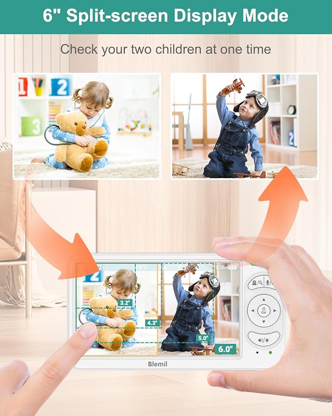 6" Baby Monitor with 2 Cameras 4000mAh Battery Upgrade Split Screen Video Baby Monitor No WiFi Remote Pan-Tilt-Zoom Auto-Night Vision 150 Languages ECO Mode 2-Way Talk 1000FT (Ideal Condition)-CubbioJoy