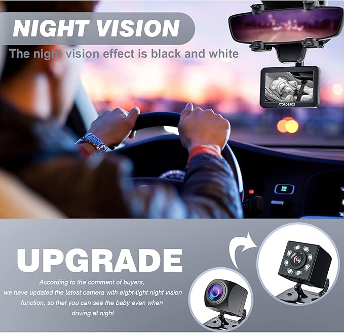 Baby Mirror for Car, ATOROBROS Baby Car Camera for Rear-Facing Seat with 4.3'' HD Display, Upgrade 360° Rearview Mirror Display Bracket, Easy and Safe to See Baby while Driving-CubbioJoy
